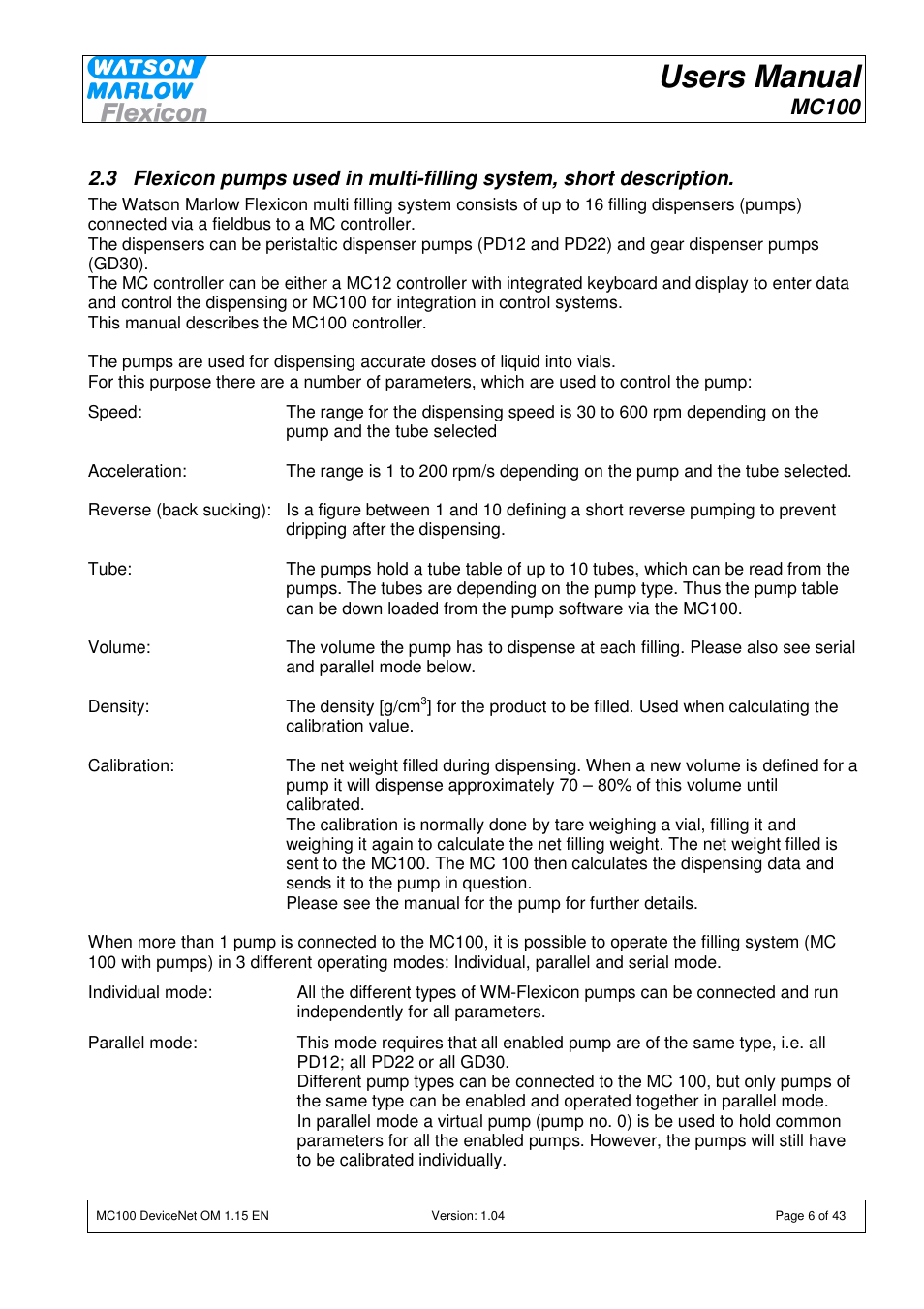 Users manual, Mc100 | Watson-Marlow MC100 User Manual | Page 6 / 43