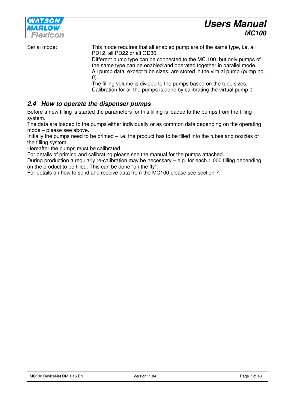 Users manual, Mc100 | Watson-Marlow MC100 User Manual | Page 7 / 43