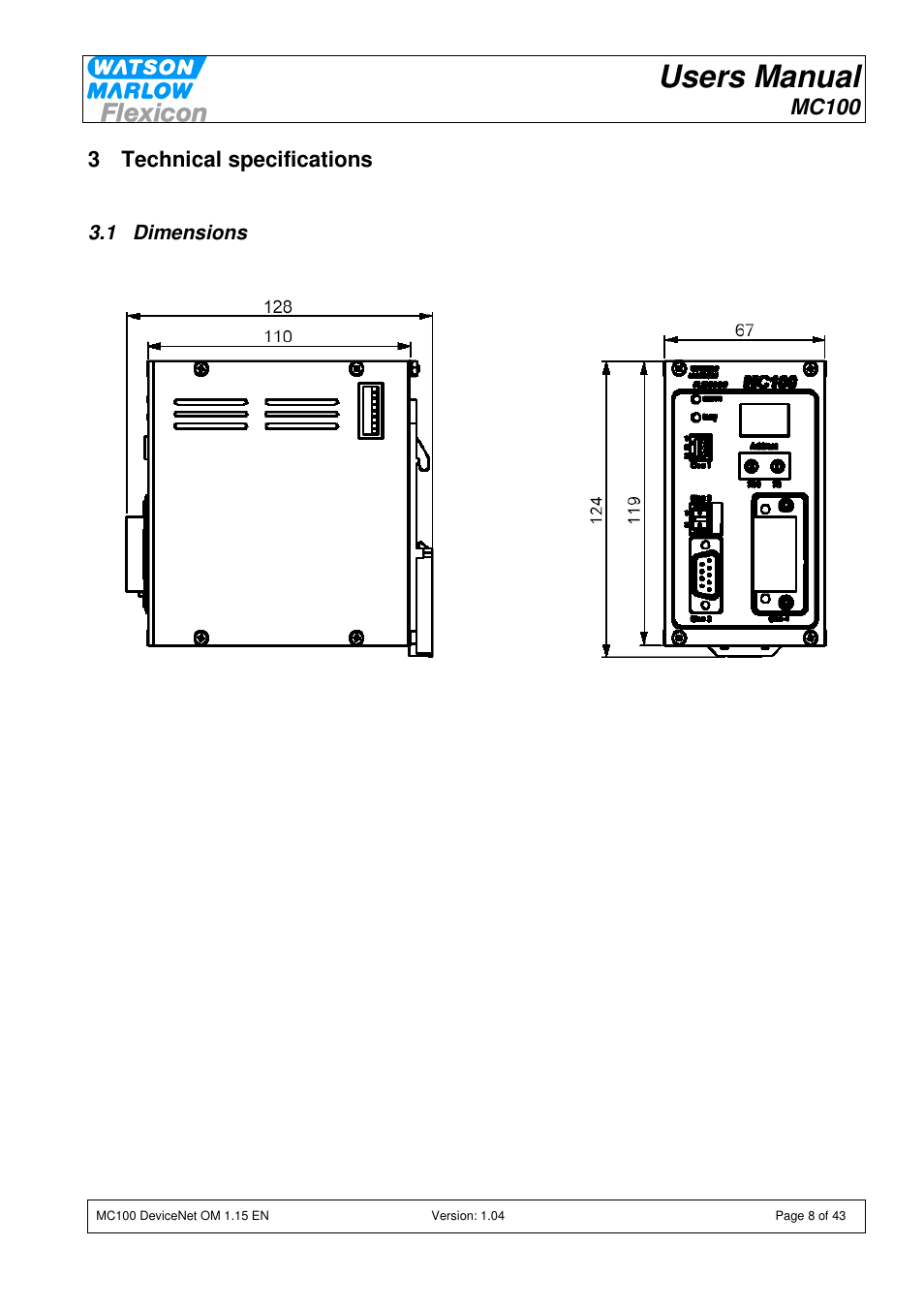 Users manual, Mc100, 3 technical specifications | Watson-Marlow MC100 User Manual | Page 8 / 43