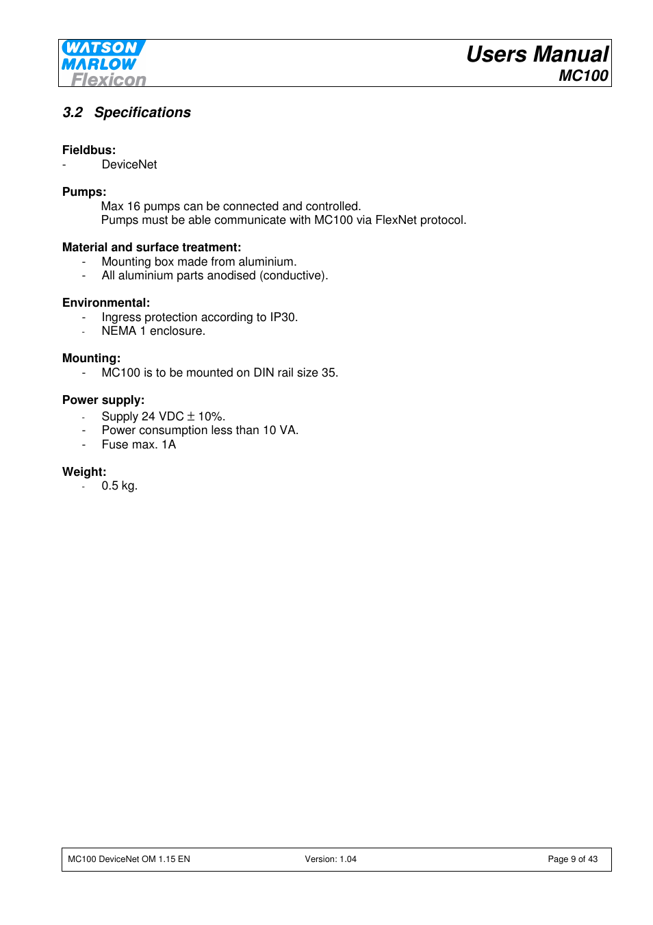Users manual, Mc100 | Watson-Marlow MC100 User Manual | Page 9 / 43