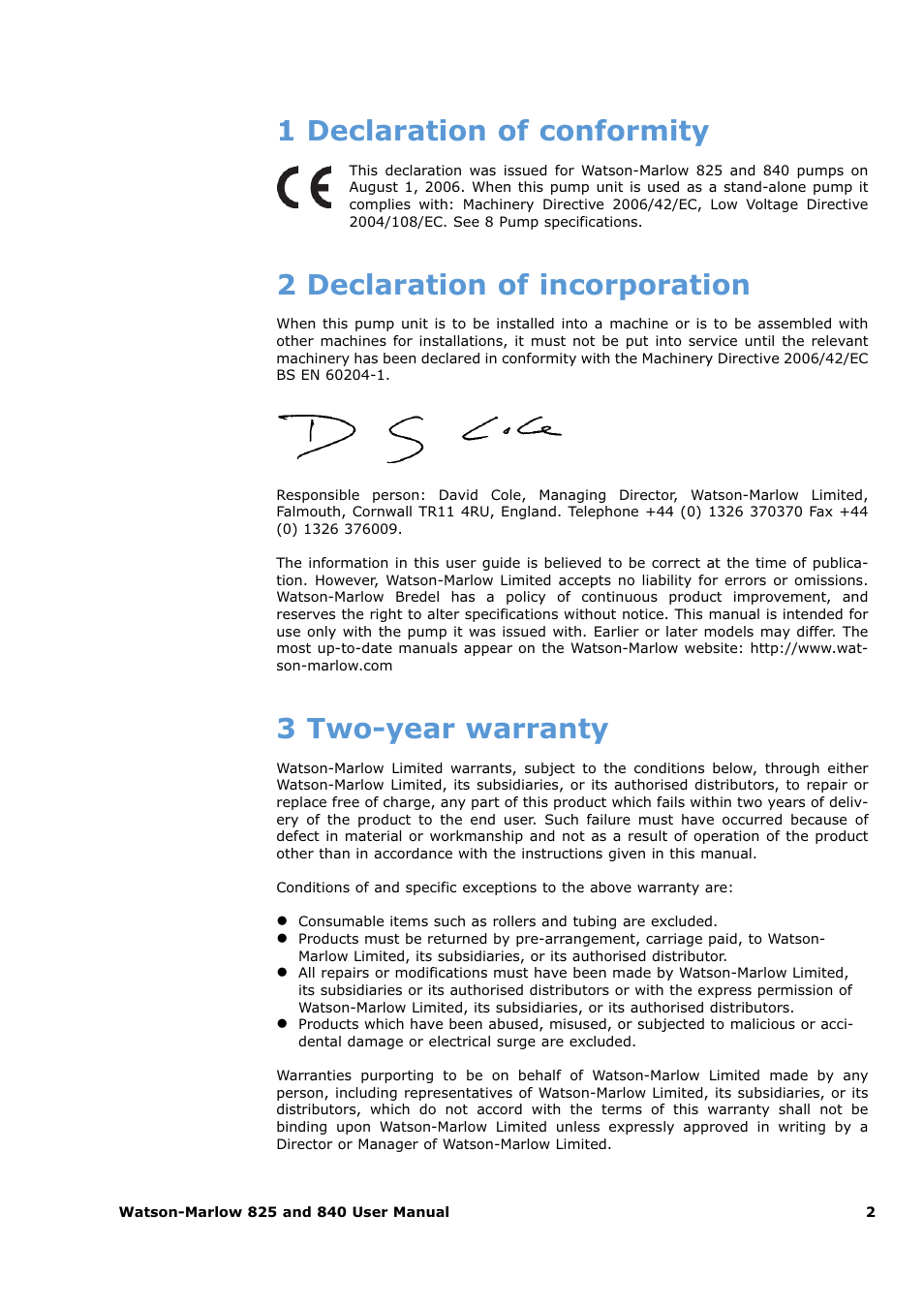 1 declaration of conformity, 2 declaration of incorporation, 3 two-year warranty | Watson-Marlow 825 User Manual | Page 2 / 13
