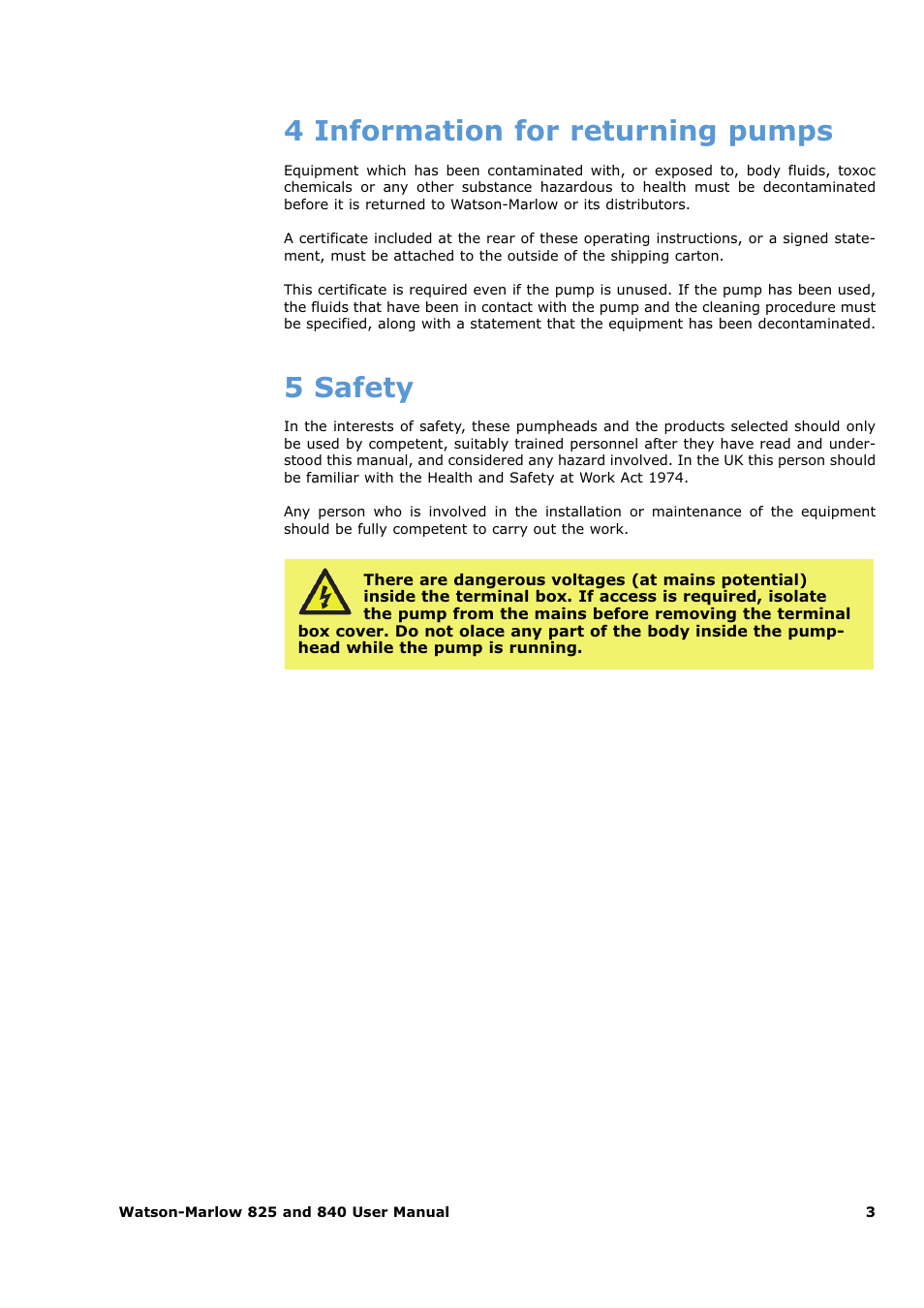 4 information for returning pumps, 5 safety | Watson-Marlow 825 User Manual | Page 3 / 13