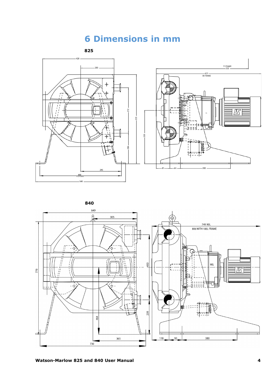 6 dimensions in mm | Watson-Marlow 825 User Manual | Page 4 / 13