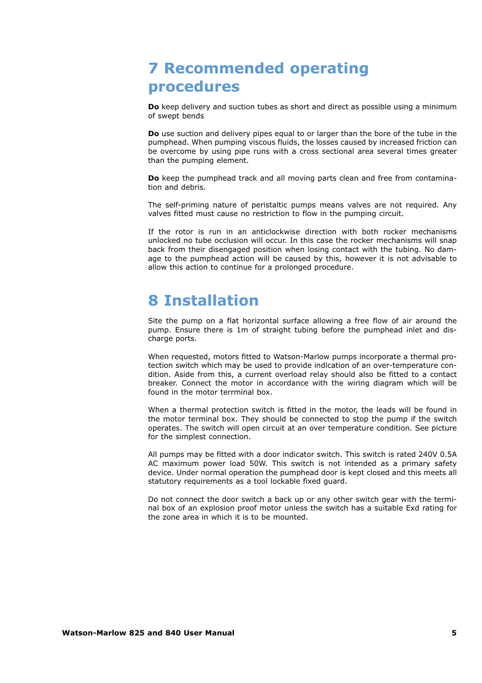7 recommended operating procedures, 8 installation | Watson-Marlow 825 User Manual | Page 5 / 13