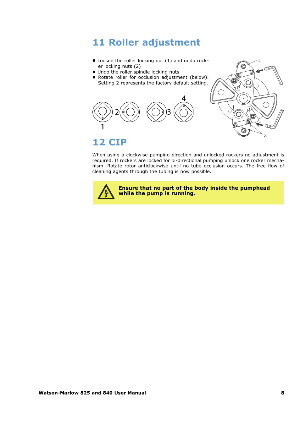 11 roller adjustment, 12 cip | Watson-Marlow 825 User Manual | Page 8 / 13