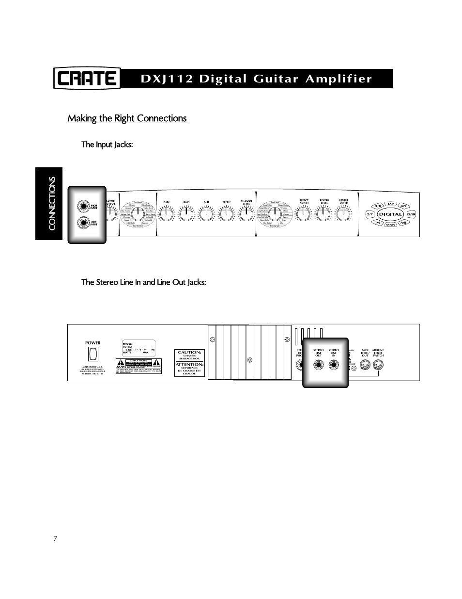 Dxj112 digital guitar amplifier, Cc oo nn nn eecc tt iioo nn ss | Crate Amplifiers DXJ112 User Manual | Page 11 / 35