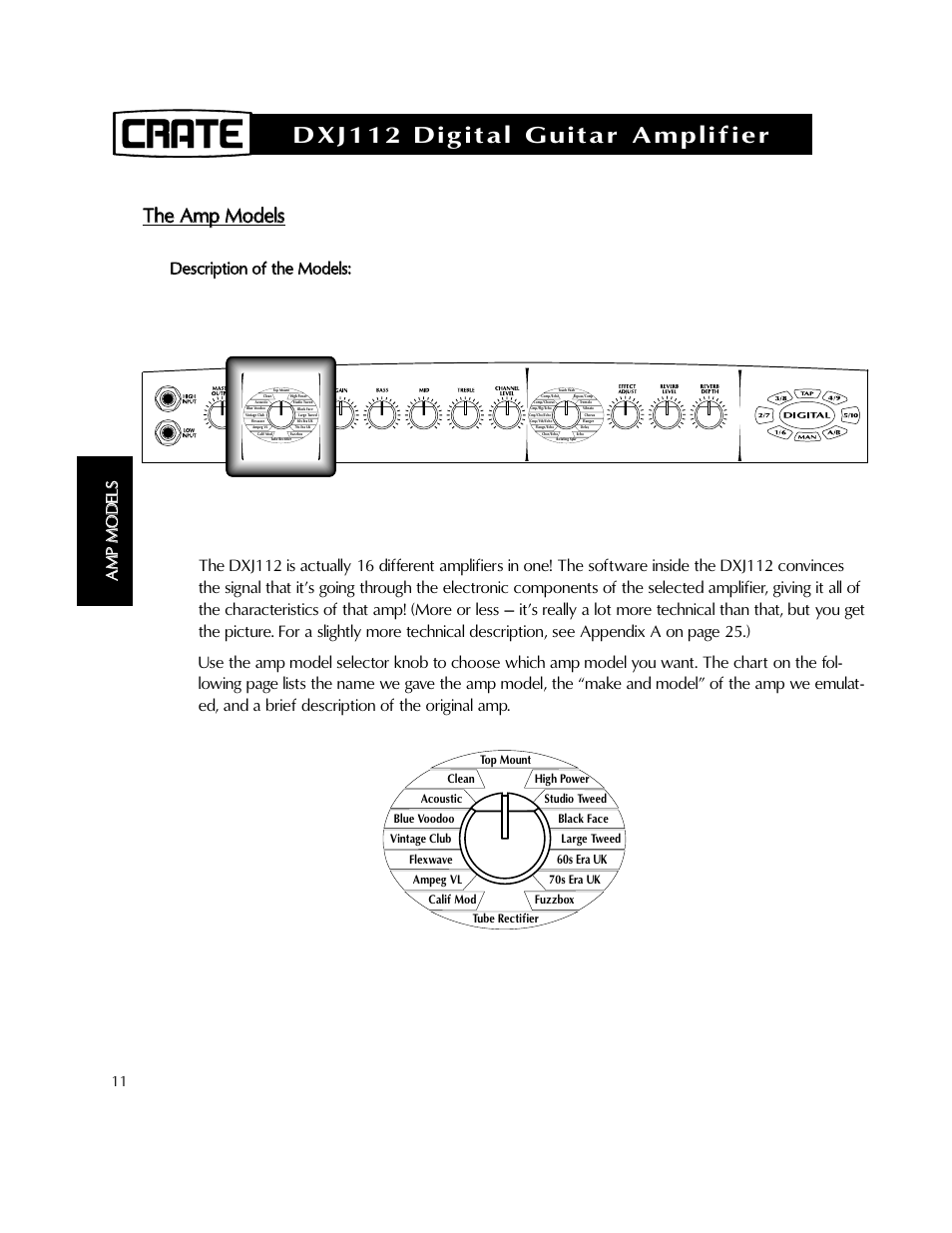 Dxj112 digital guitar amplifier, Tthhe e a am mp p m mo od de ellss | Crate Amplifiers DXJ112 User Manual | Page 15 / 35