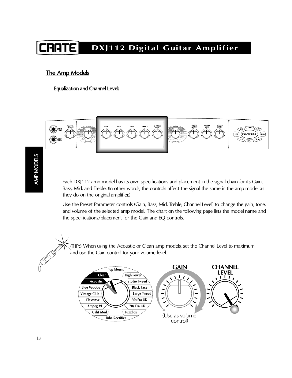Dxj112 digital guitar amplifier, Tthhe e a am mp p m mo od de ellss, Channel level gain | Use as volume control) | Crate Amplifiers DXJ112 User Manual | Page 17 / 35