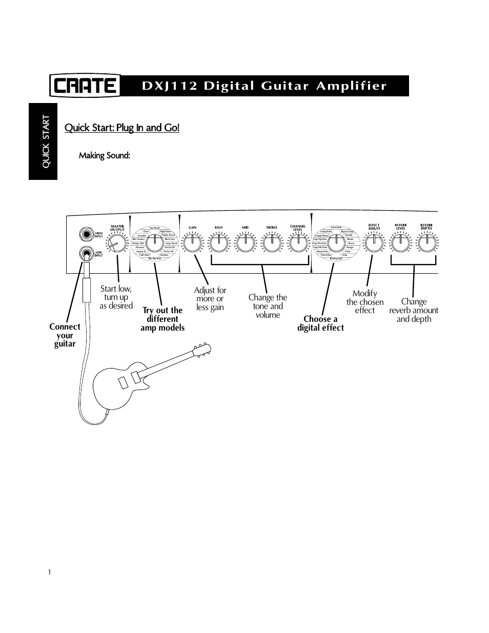 Dxj112 digital guitar amplifier, Qq uu iicc kk sstt aa rr tt, Mmaakkiinngg sso ouunnd d | Crate Amplifiers DXJ112 User Manual | Page 5 / 35