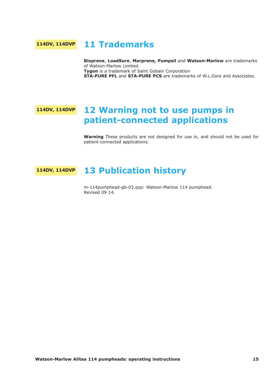 11 trademarks, 13 publication history | Watson-Marlow 114 User Manual | Page 15 / 15