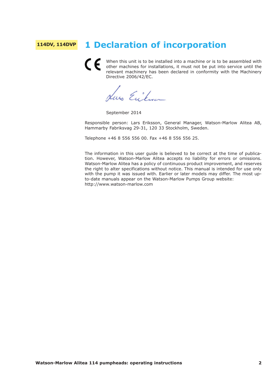 1 declaration of incorporation | Watson-Marlow 114 User Manual | Page 2 / 15