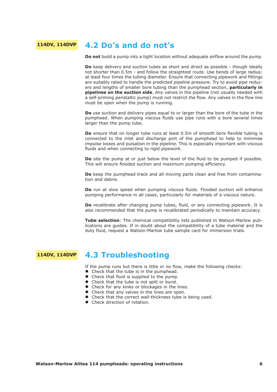 2 do’s and do not’s, 3 troubleshooting | Watson-Marlow 114 User Manual | Page 6 / 15