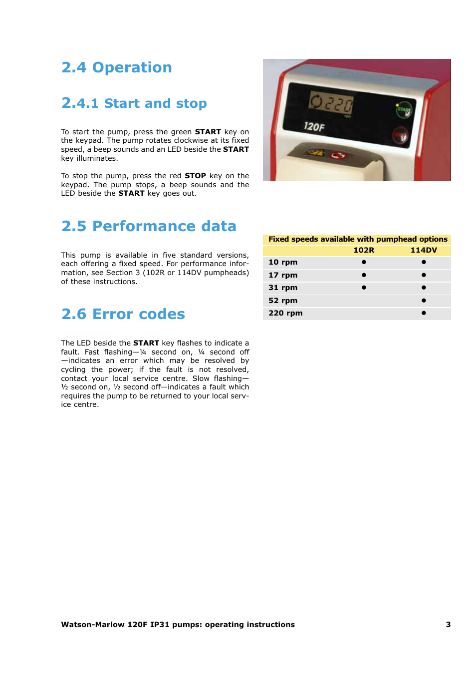 4 operation 2, 5 performance data, 6 error codes | 1 start and stop | Watson-Marlow 120F/DV User Manual | Page 17 / 26