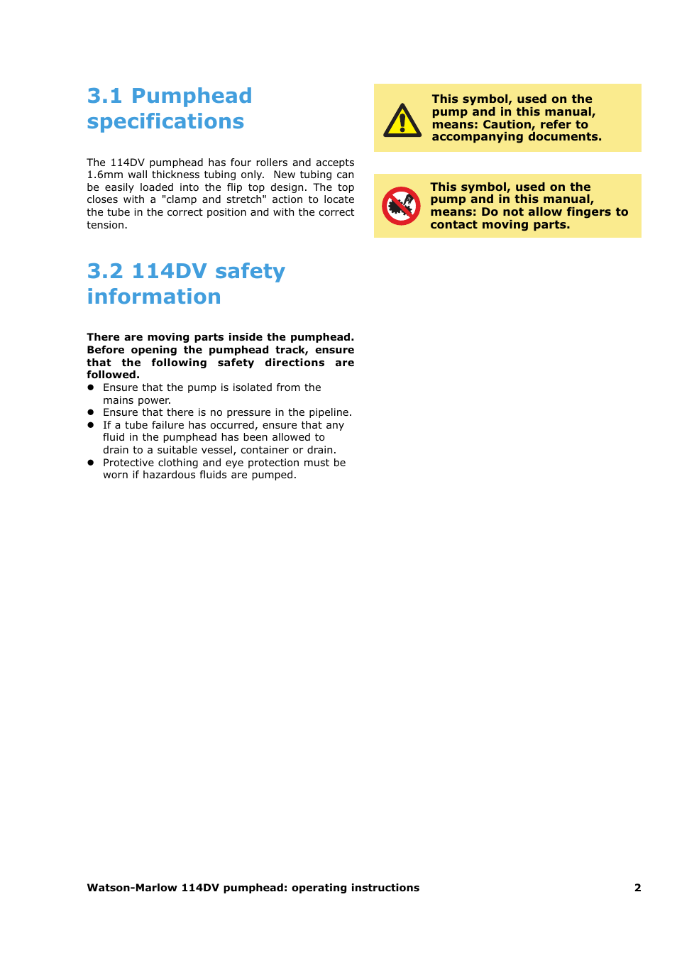 1 pumphead specifications, 2 114dv safety information | Watson-Marlow 120F/DV User Manual | Page 20 / 26