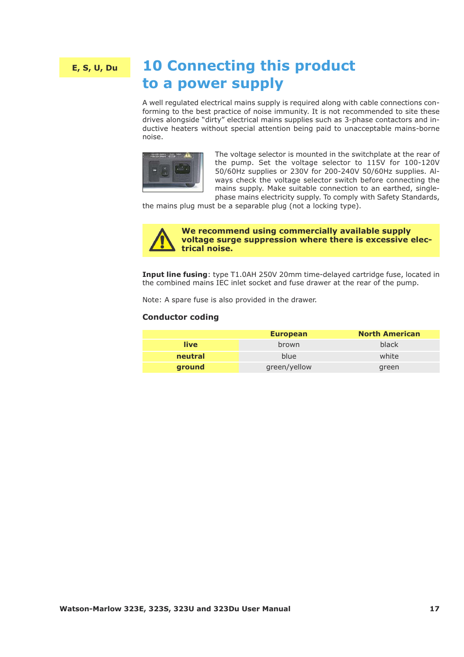 10 connecting this product to a power supply | Watson-Marlow 323Du User Manual | Page 17 / 48