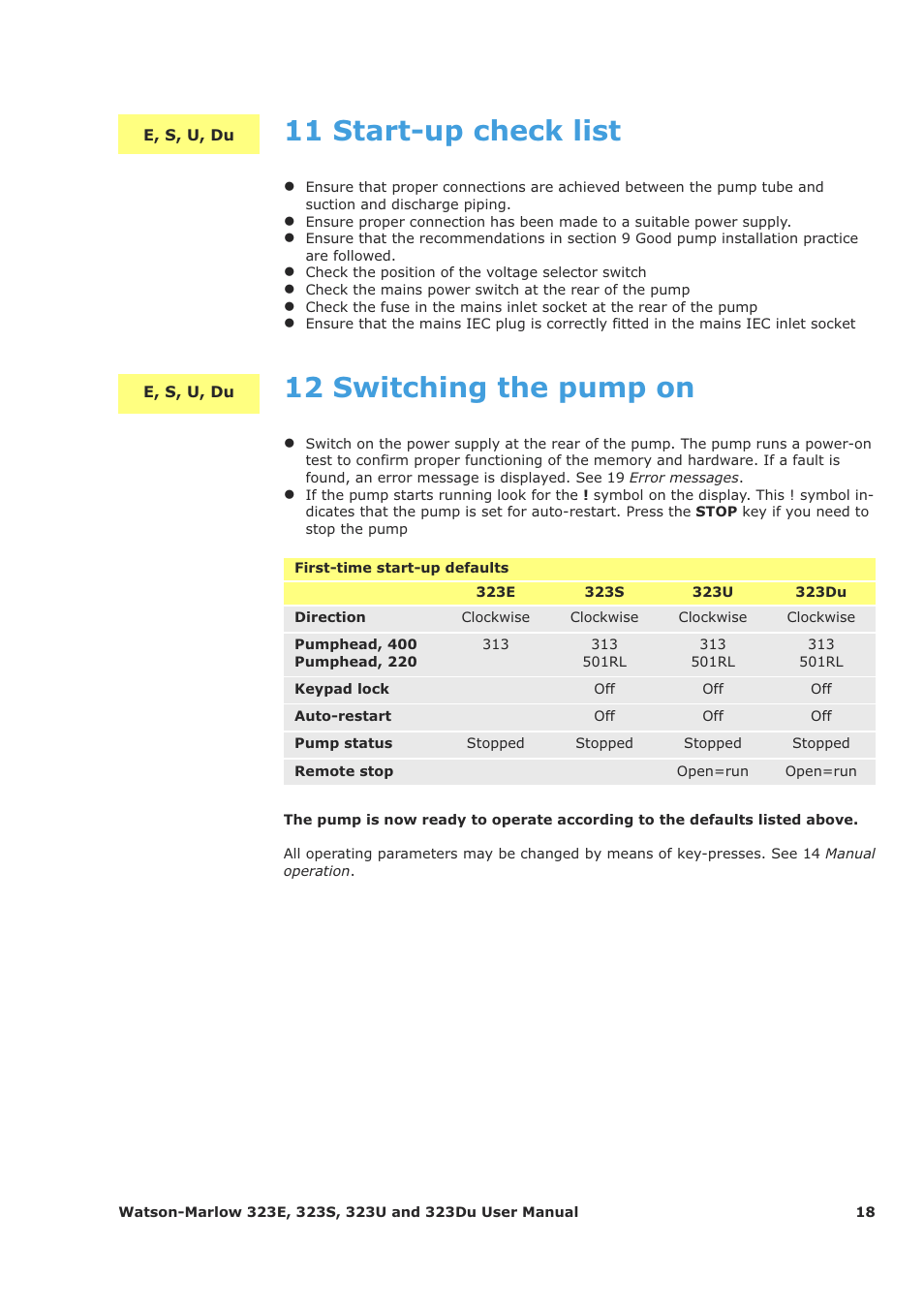 12 switching the pump on, 11 start-up check list | Watson-Marlow 323Du User Manual | Page 18 / 48