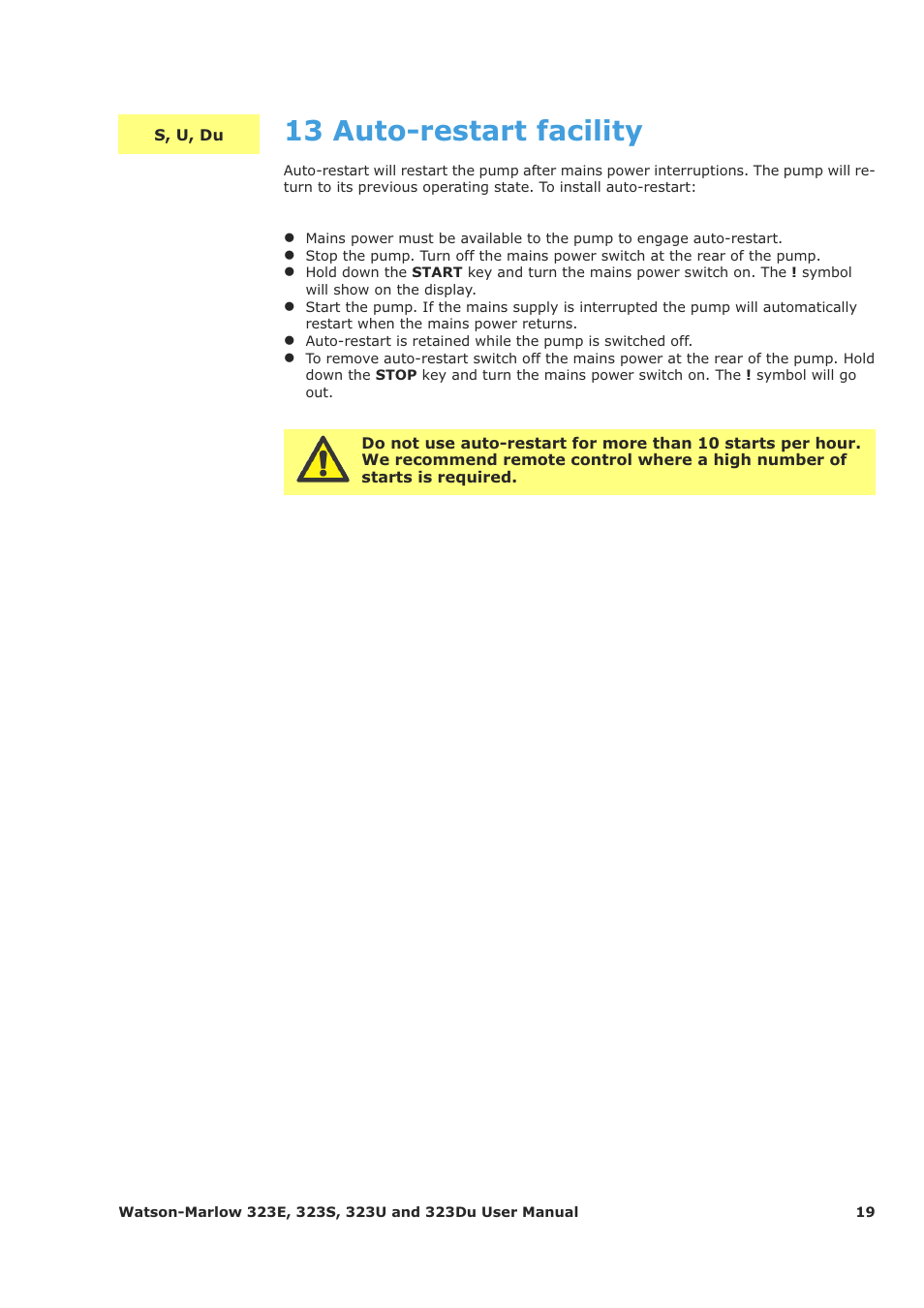 13 auto-restart facility | Watson-Marlow 323Du User Manual | Page 19 / 48