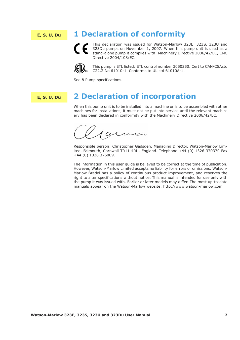 1 declaration of conformity, 2 declaration of incorporation | Watson-Marlow 323Du User Manual | Page 2 / 48