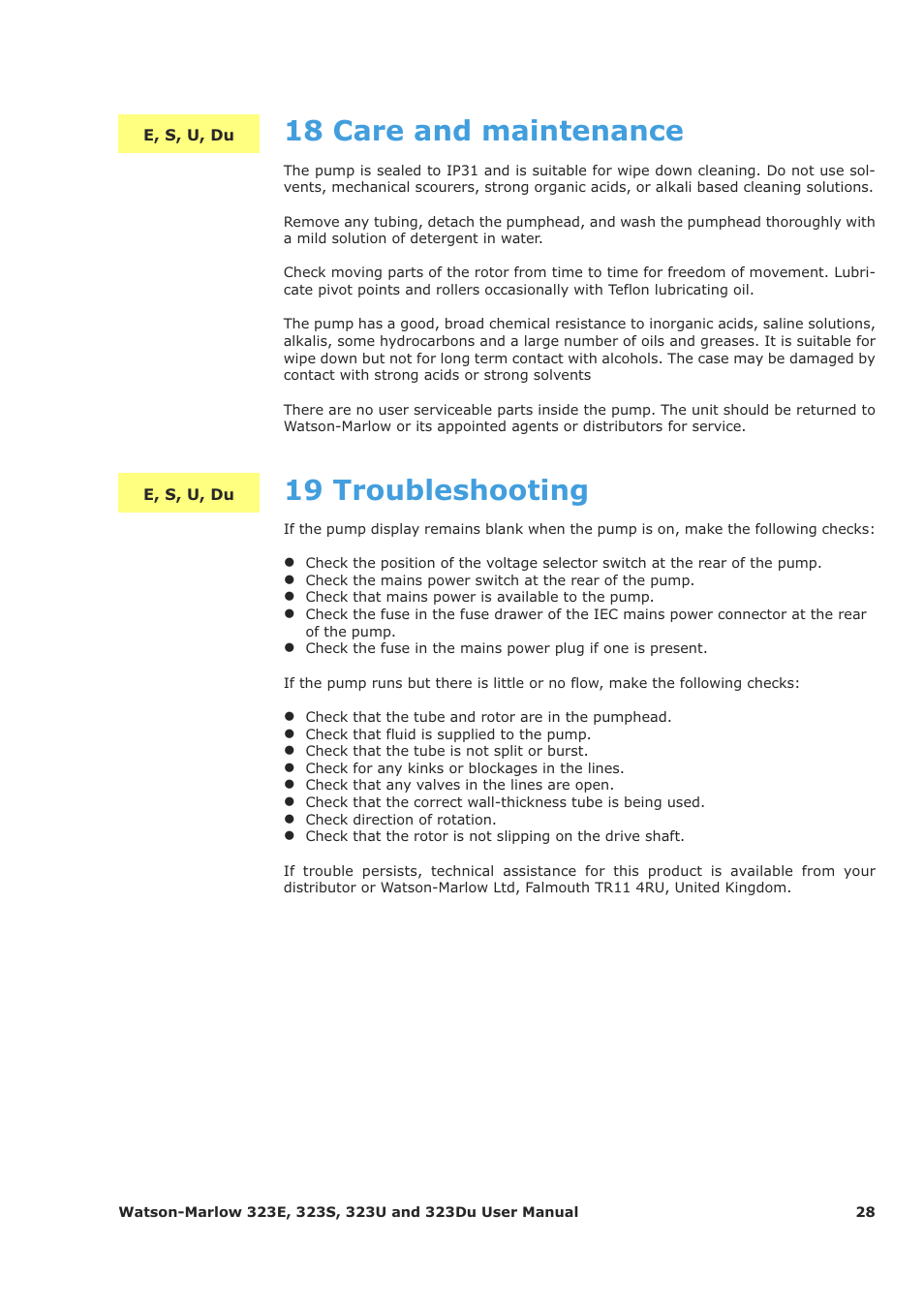 18 care and maintenance, 19 troubleshooting | Watson-Marlow 323Du User Manual | Page 28 / 48