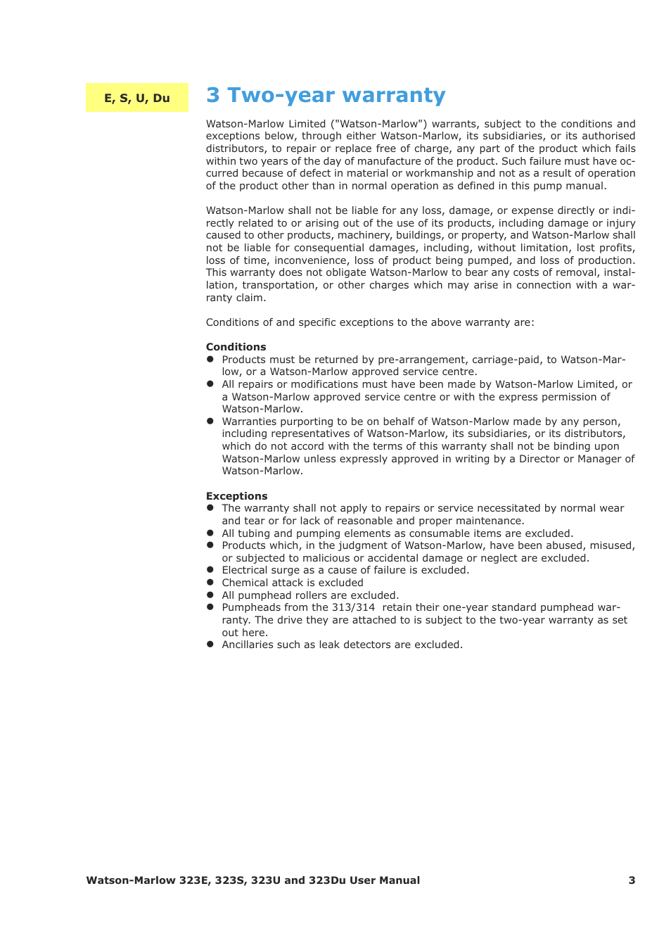 3 two-year warranty | Watson-Marlow 323Du User Manual | Page 3 / 48