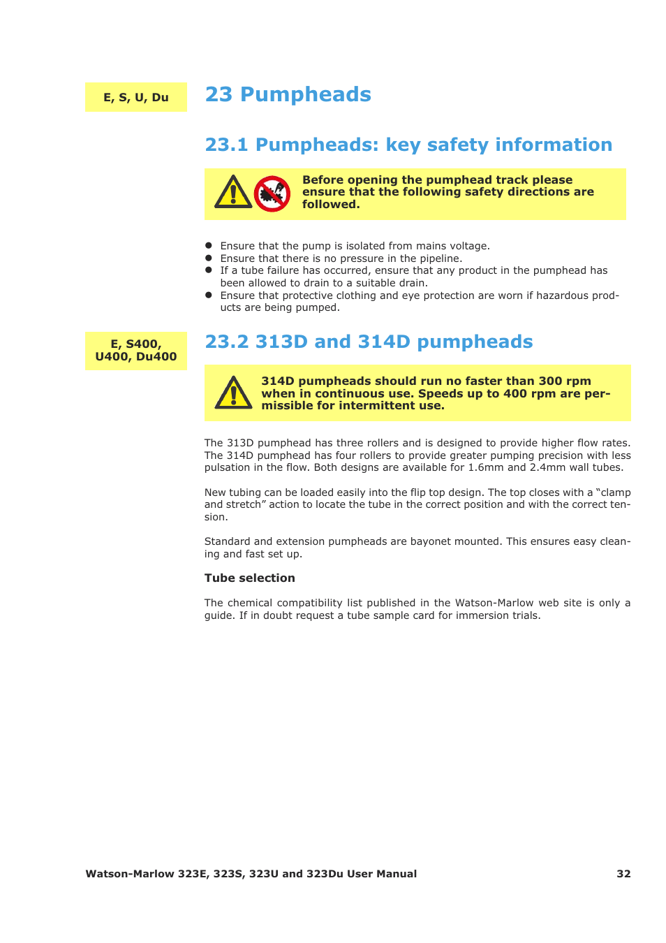 23 pumpheads, 1 pumpheads: key safety information | Watson-Marlow 323Du User Manual | Page 32 / 48