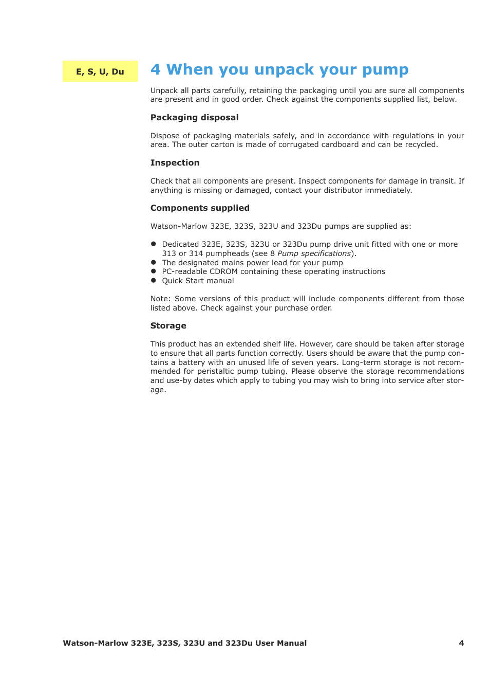 4 when you unpack your pump | Watson-Marlow 323Du User Manual | Page 4 / 48