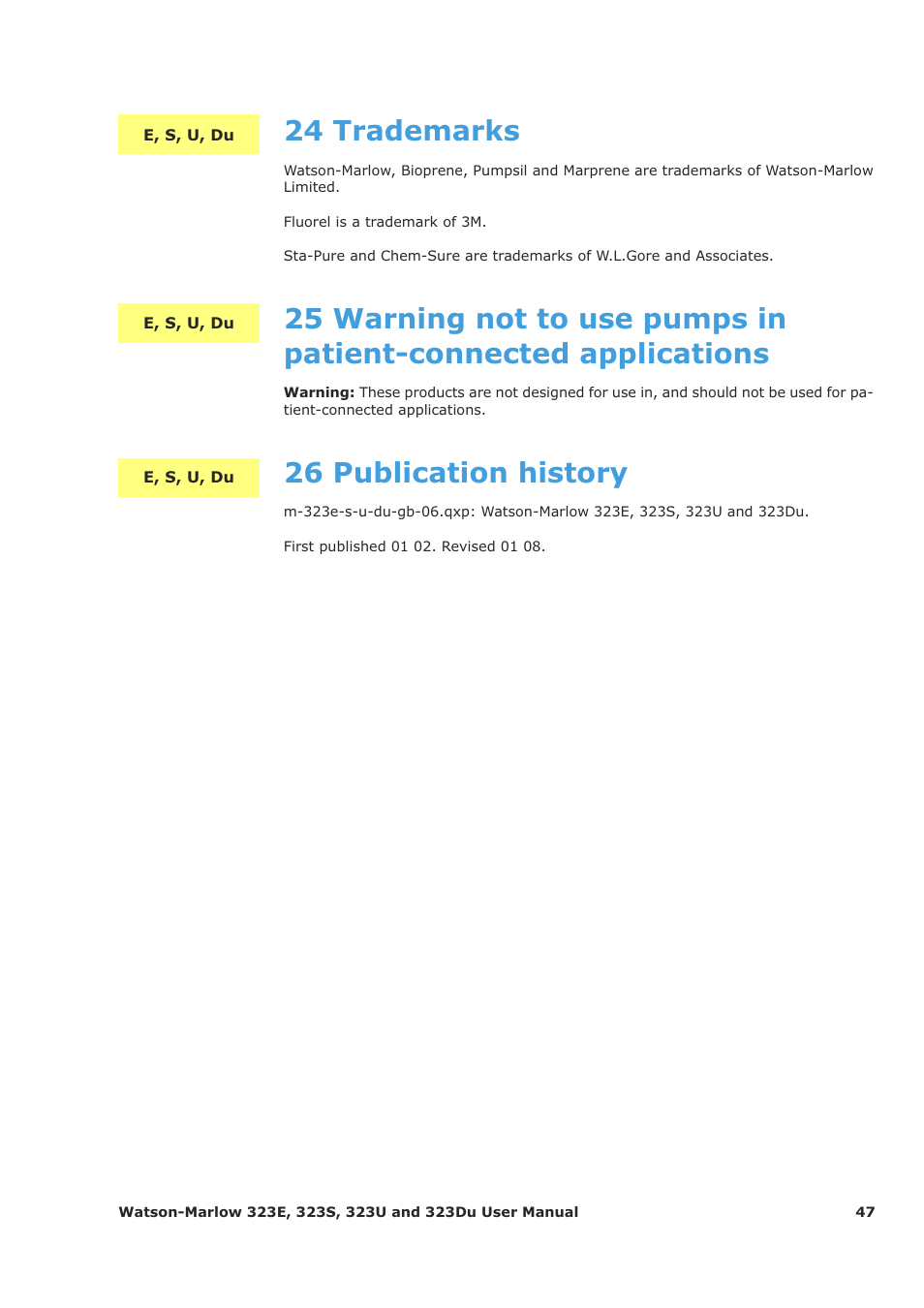 24 trademarks, 26 publication history | Watson-Marlow 323Du User Manual | Page 47 / 48