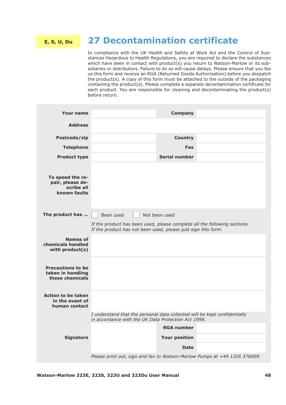 27 decontamination certificate | Watson-Marlow 323Du User Manual | Page 48 / 48