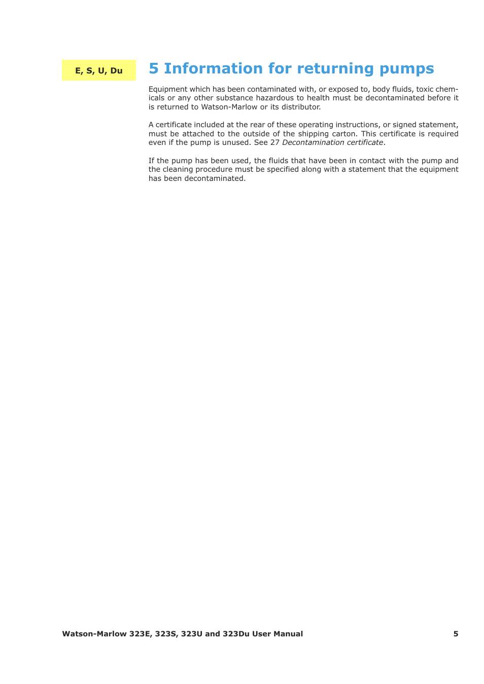 5 information for returning pumps | Watson-Marlow 323Du User Manual | Page 5 / 48