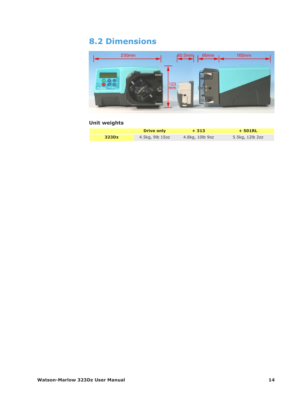 2 dimensions | Watson-Marlow 323Dz User Manual | Page 14 / 53