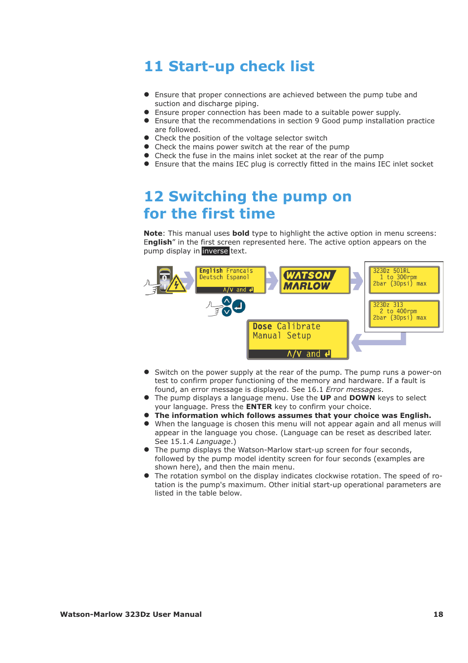 12 switching the pump on for the first time, 11 start-up check list | Watson-Marlow 323Dz User Manual | Page 18 / 53