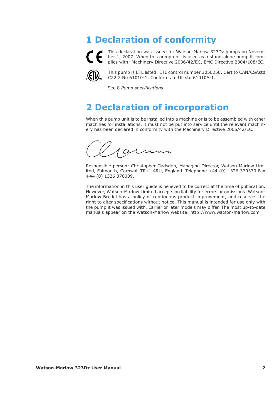 1 declaration of conformity, 2 declaration of incorporation | Watson-Marlow 323Dz User Manual | Page 2 / 53