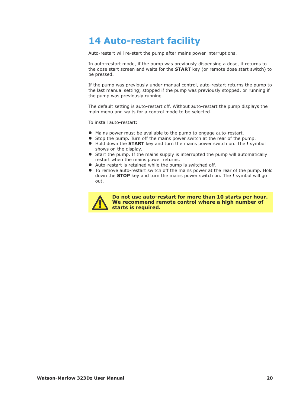 14 auto-restart facility | Watson-Marlow 323Dz User Manual | Page 20 / 53