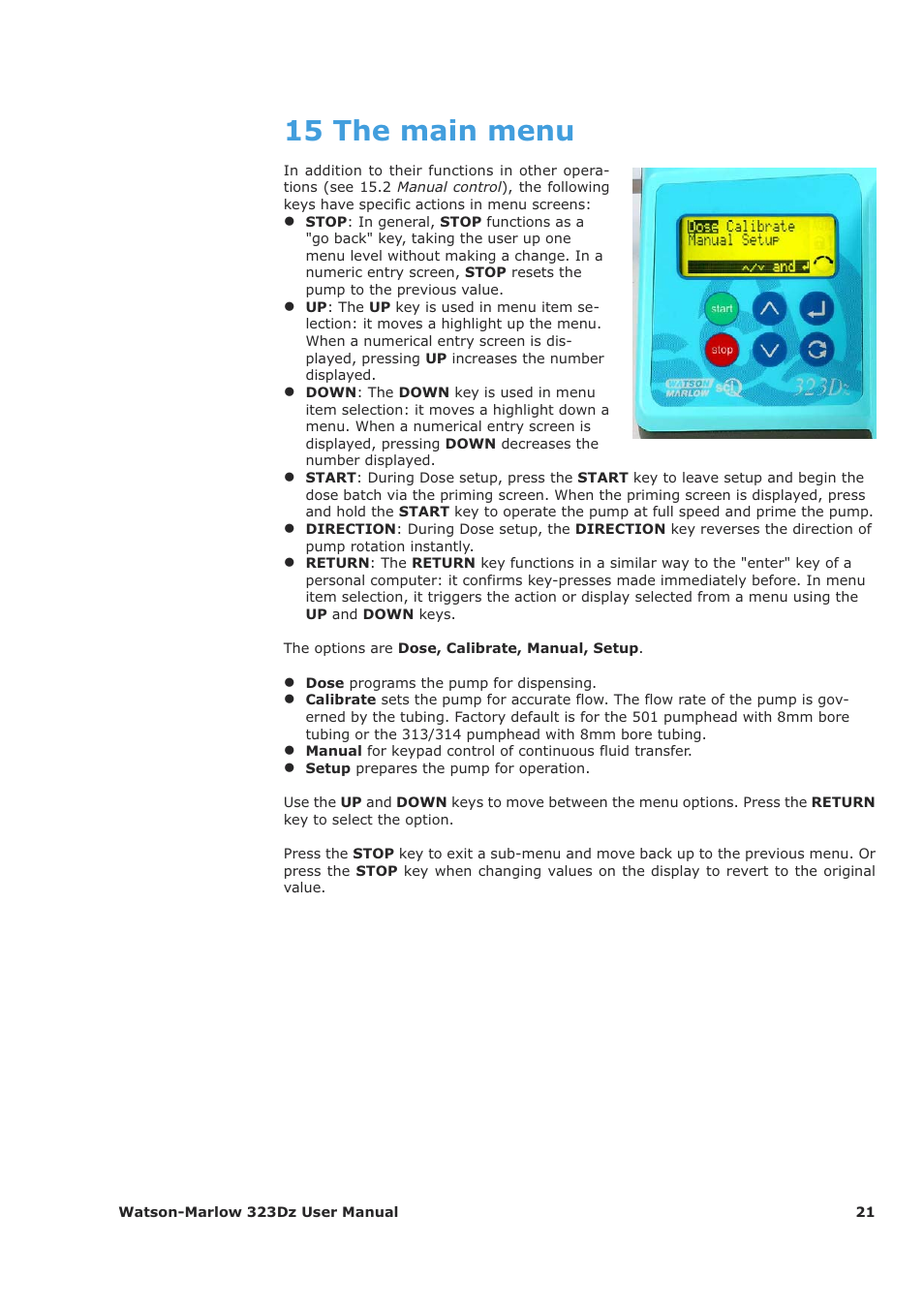 15 the main menu | Watson-Marlow 323Dz User Manual | Page 21 / 53