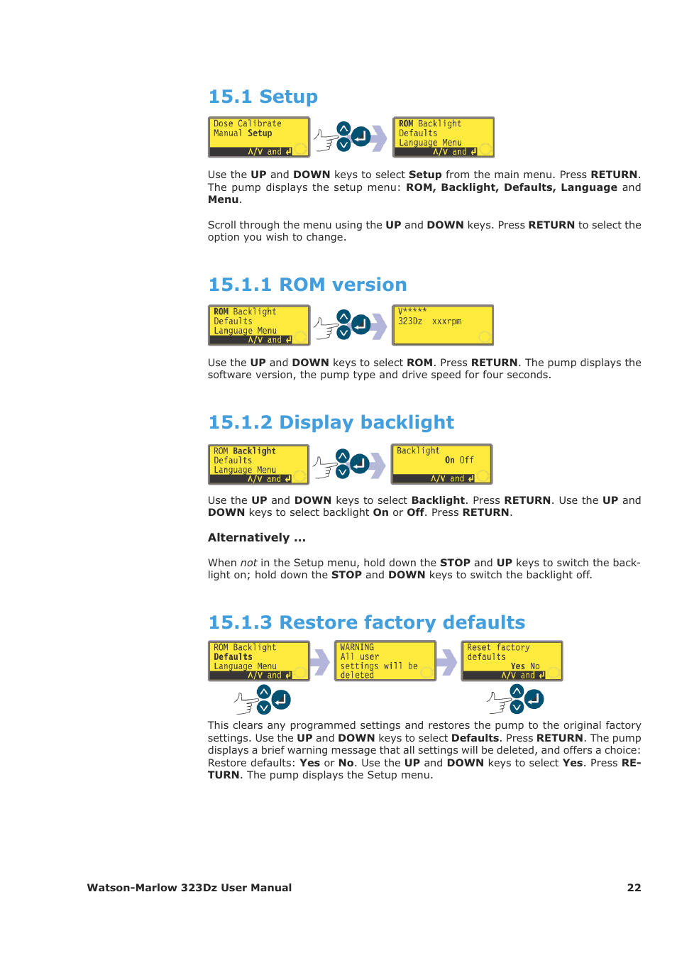 1 setup, 1 rom version, 2 display backlight | 3 restore factory defaults | Watson-Marlow 323Dz User Manual | Page 22 / 53