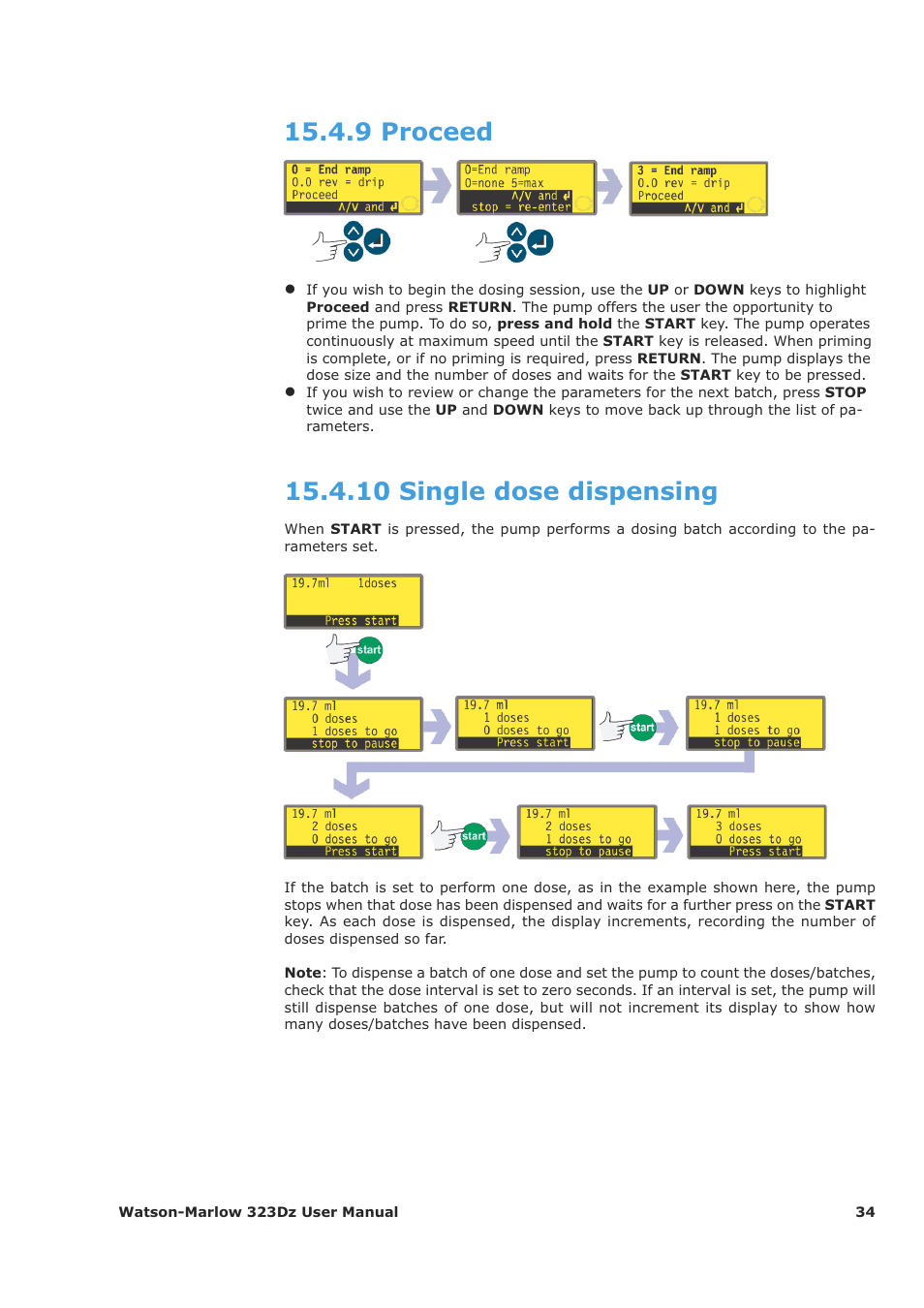 9 proceed, 10 single dose dispensing | Watson-Marlow 323Dz User Manual | Page 34 / 53