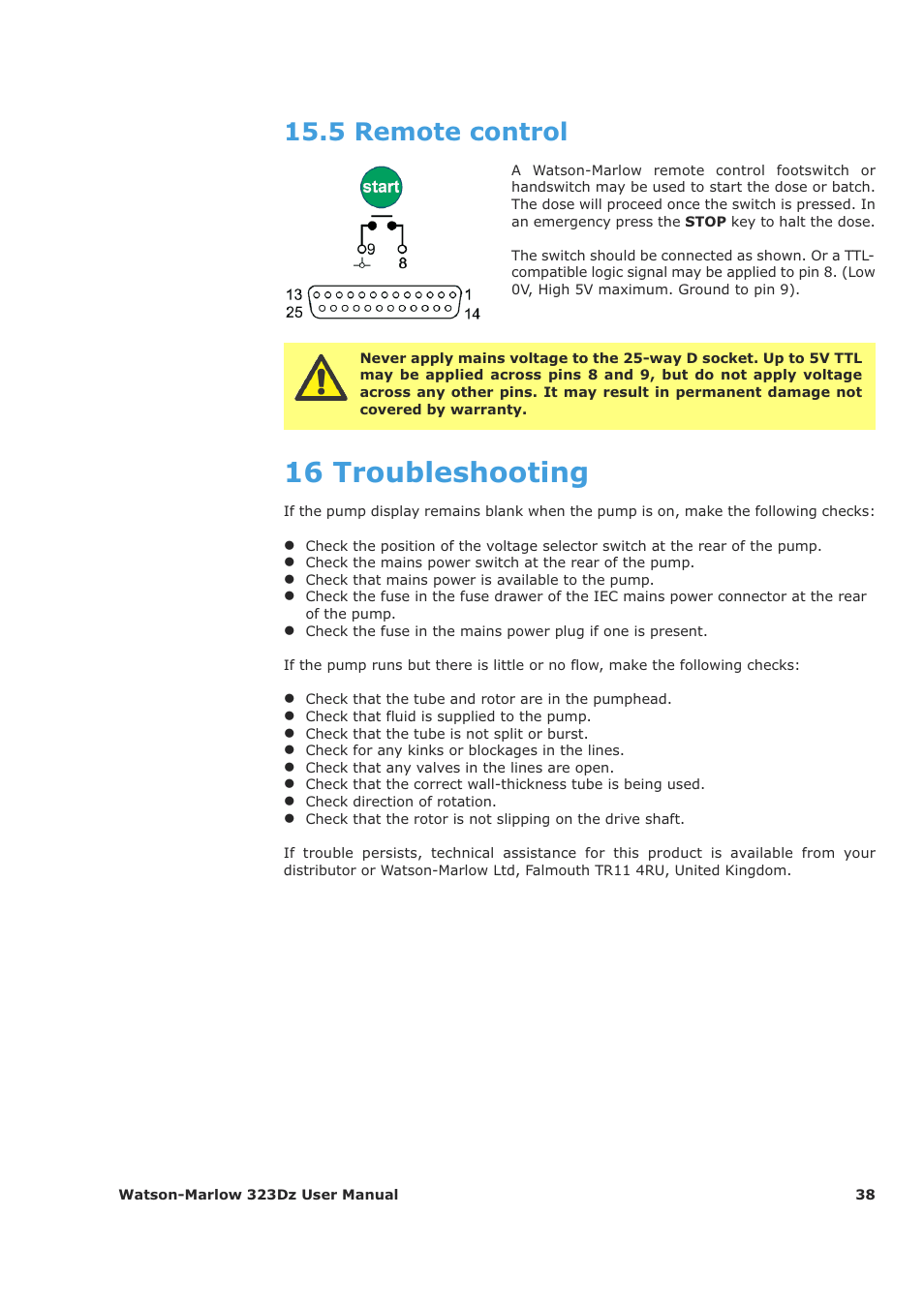 16 troubleshooting, 5 remote control | Watson-Marlow 323Dz User Manual | Page 38 / 53