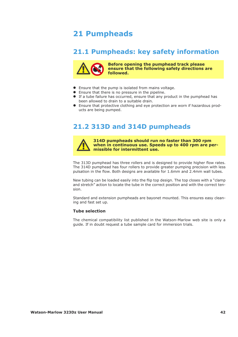 21 pumpheads, 1 pumpheads: key safety information | Watson-Marlow 323Dz User Manual | Page 42 / 53