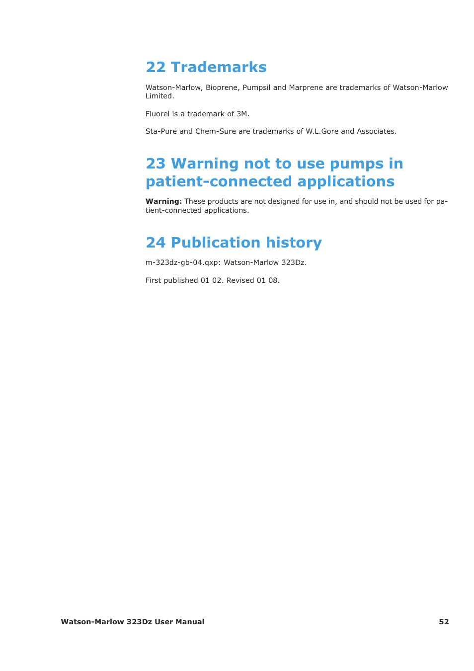 22 trademarks, 24 publication history | Watson-Marlow 323Dz User Manual | Page 52 / 53