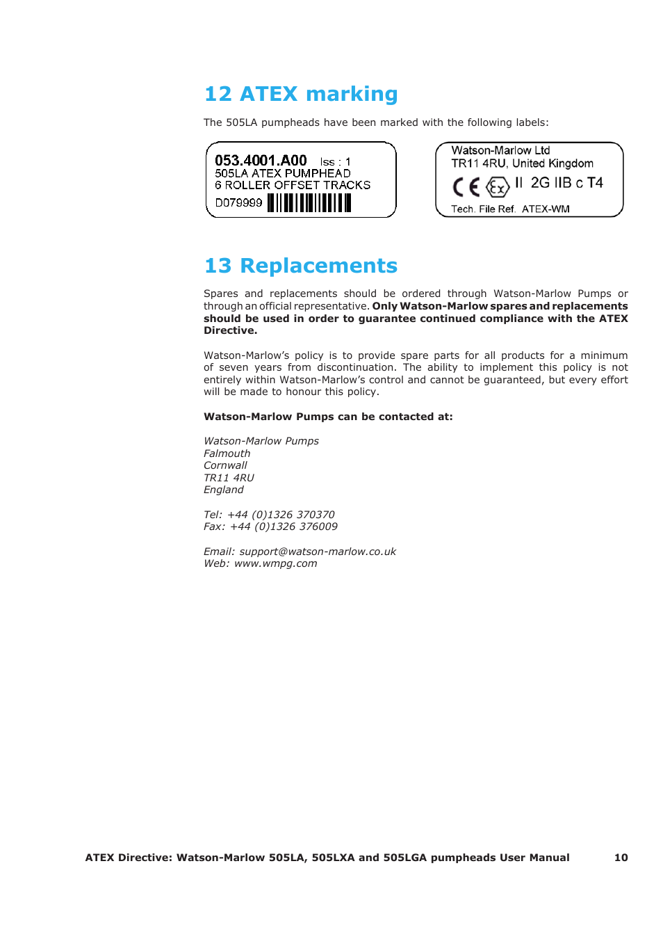 12 atex marking, 13 replacements | Watson-Marlow 505LA User Manual | Page 10 / 11