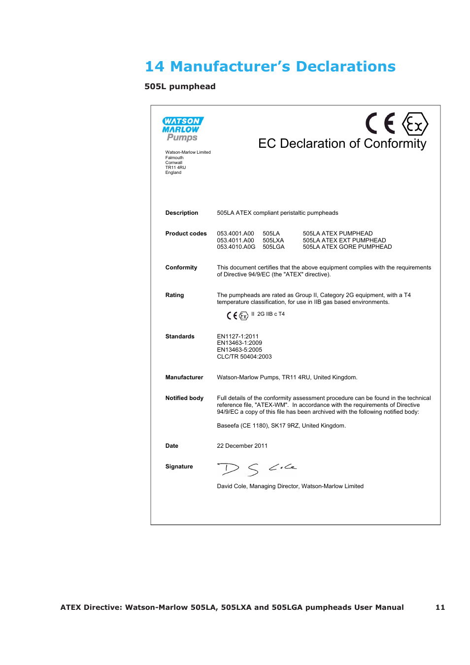 14 manufacturer’s declarations, Ec declaration of conformity, 505l pumphead | Watson-Marlow 505LA User Manual | Page 11 / 11