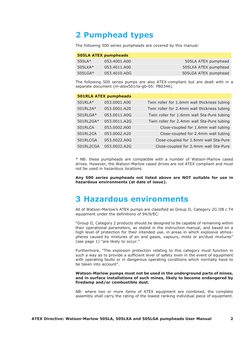 2 pumphead types, 3 hazardous environments | Watson-Marlow 505LA User Manual | Page 2 / 11