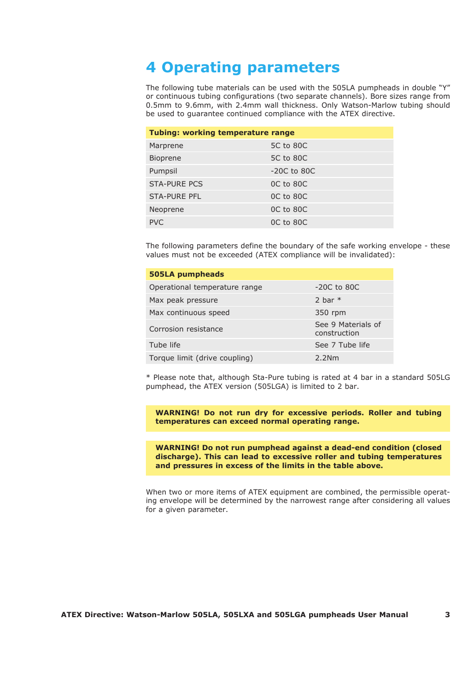 4 operating parameters | Watson-Marlow 505LA User Manual | Page 3 / 11