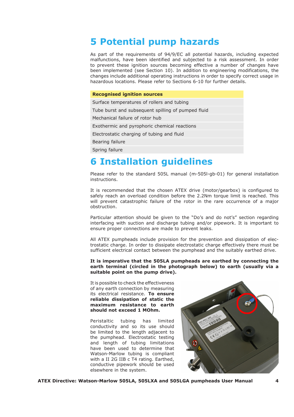 6 installation guidelines, 5 potential pump hazards | Watson-Marlow 505LA User Manual | Page 4 / 11