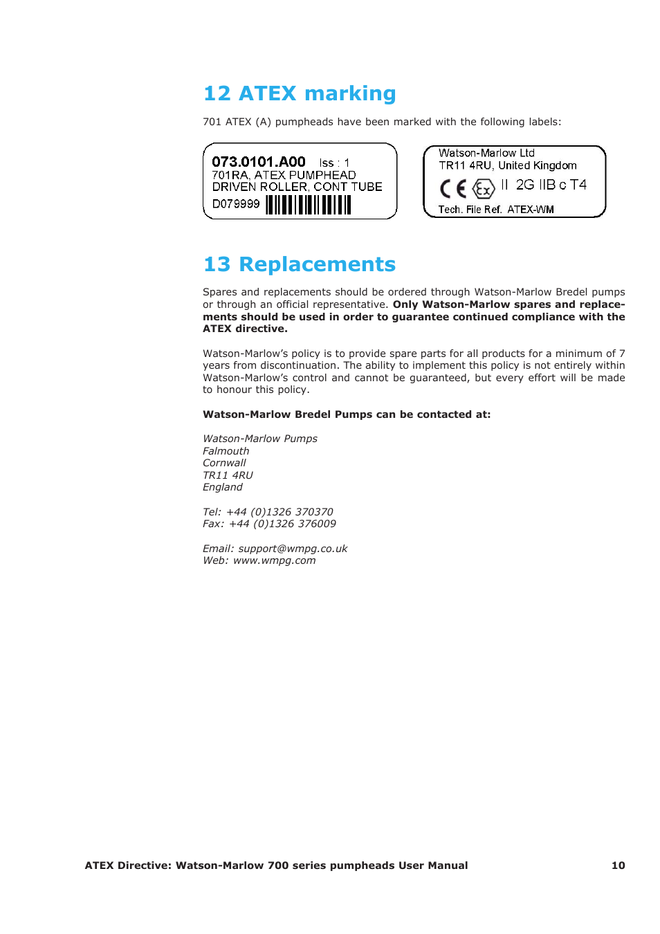 12 atex marking, 13 replacements | Watson-Marlow 700 series User Manual | Page 10 / 11