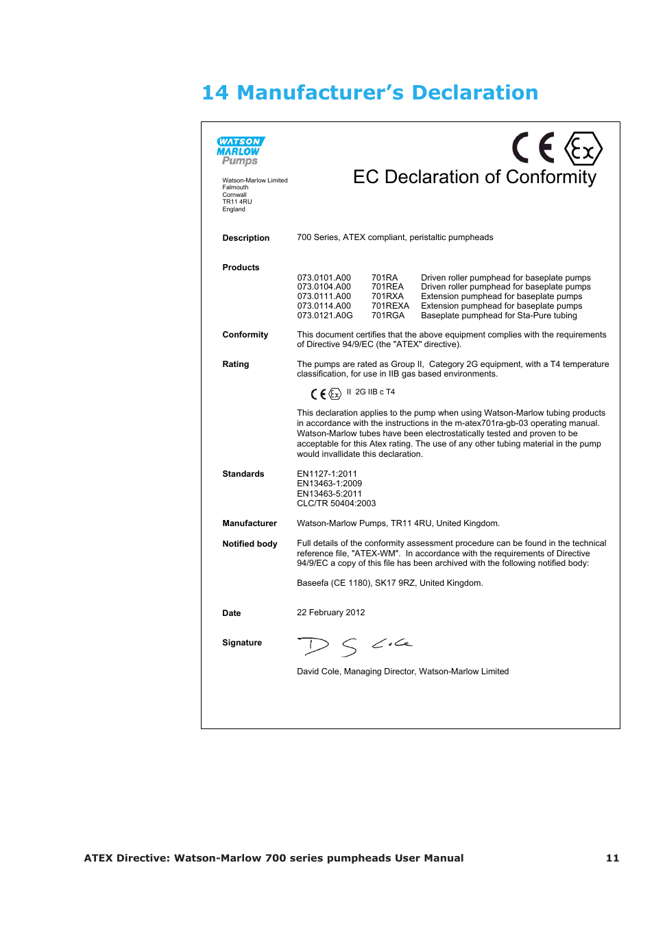 14 manufacturer’s declaration, Ec declaration of conformity | Watson-Marlow 700 series User Manual | Page 11 / 11