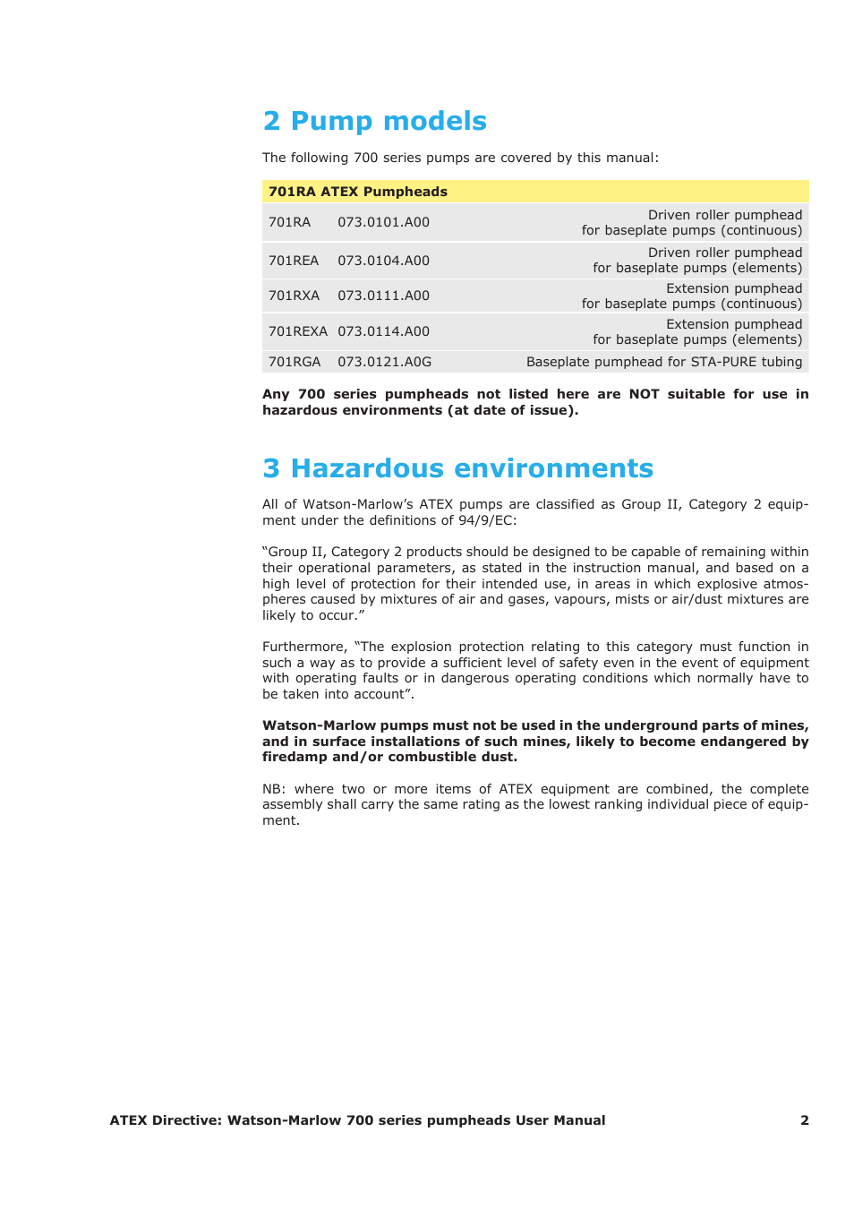 2 pump models, 3 hazardous environments | Watson-Marlow 700 series User Manual | Page 2 / 11