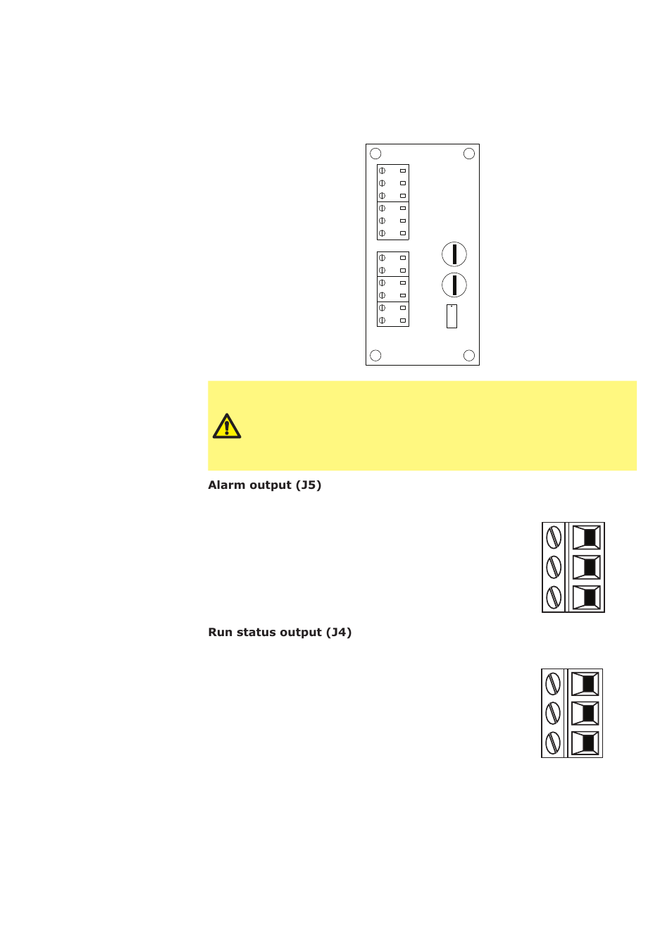 3 24 volt relay module pcb connectors, Alarm output (j5), Rly1 | Cn/c 2 3 n/o 1 run status output (j4), Rly2 c n/c 2 3 n/o 1 | Watson-Marlow Qdos30 Universal User Manual | Page 24 / 78