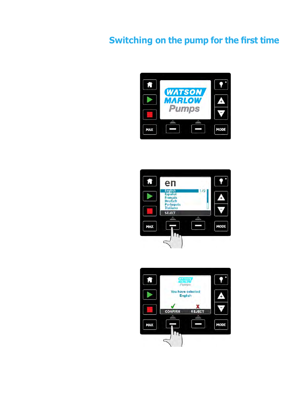 13 switching on the pump for the first time | Watson-Marlow Qdos30 Universal User Manual | Page 27 / 78