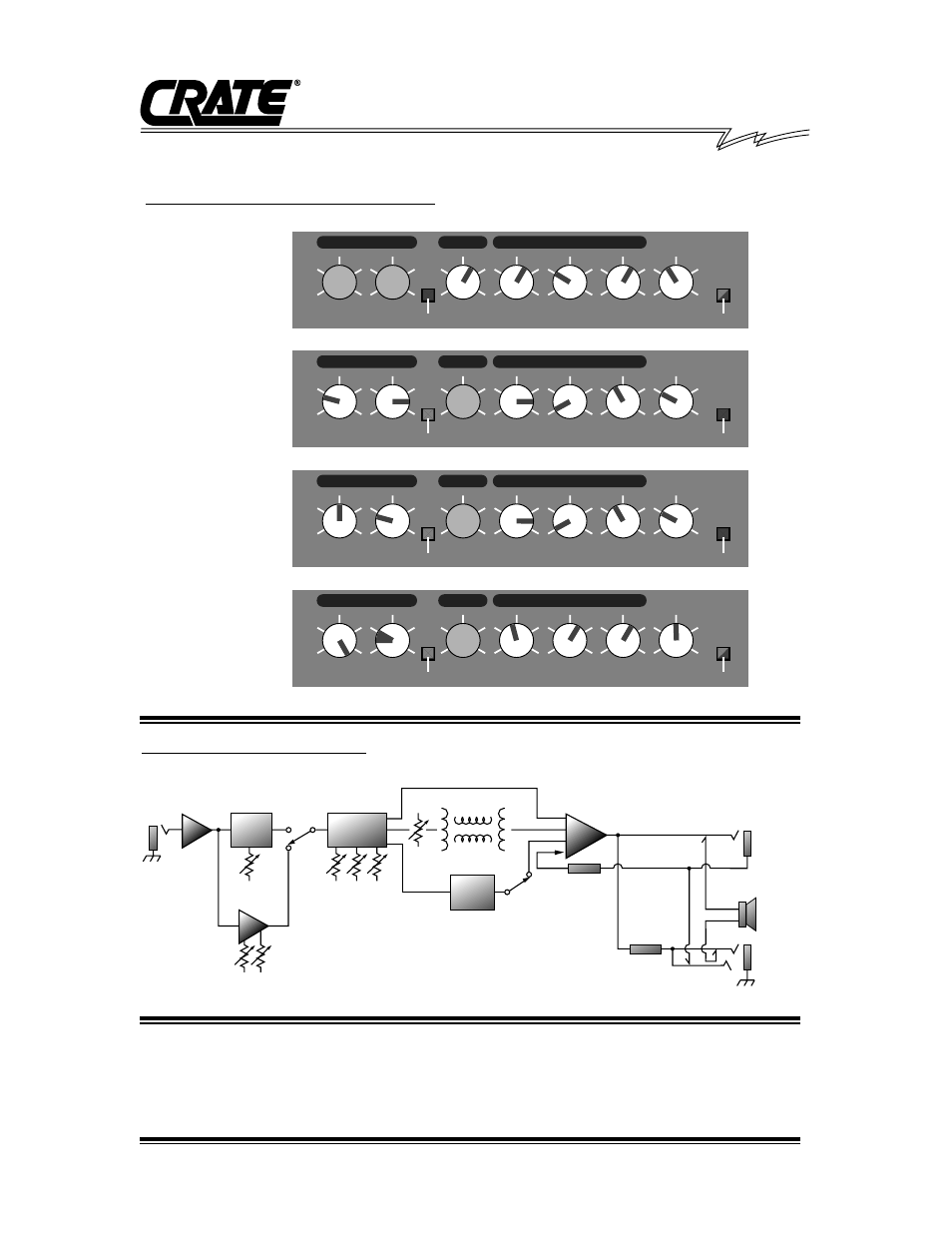 Clean, Blues, Rhythm | Lead, Gx-25m amplifier, Out in, Suggested starting settings, System block diagram | Crate Amplifiers GX-25M User Manual | Page 3 / 4